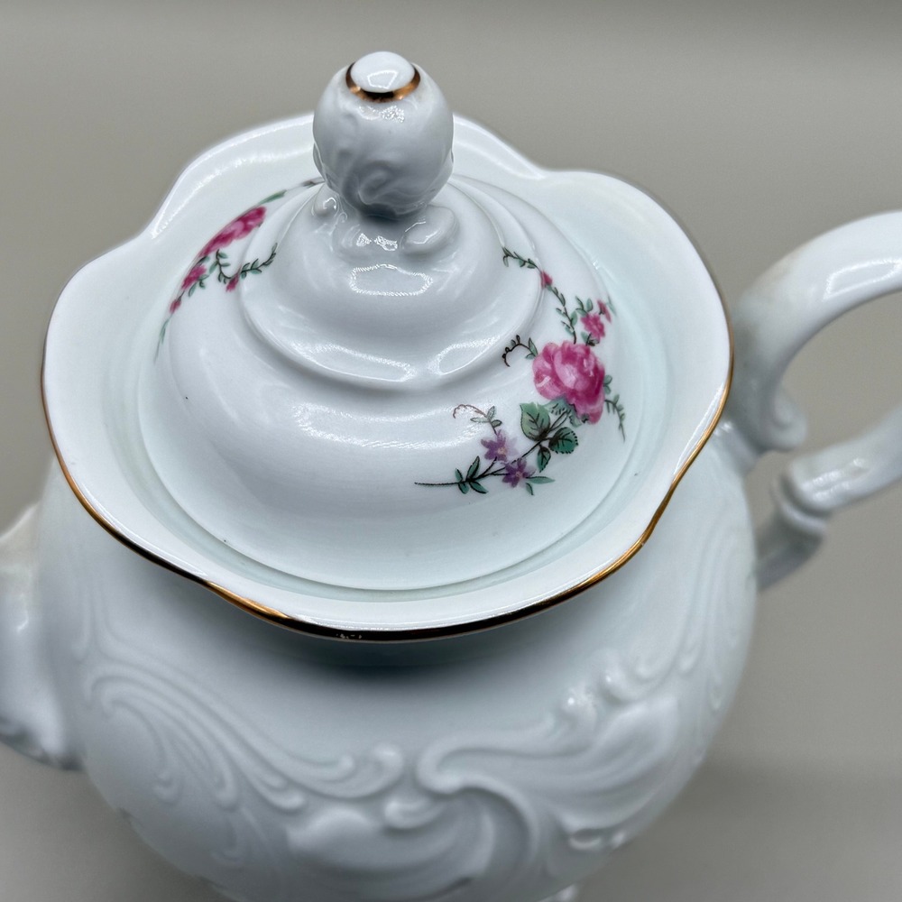 Wawel Poland Porcelain Teapot Pink Roses Gold Trim Embossed White Floral Vintage - Picture 3 of 7